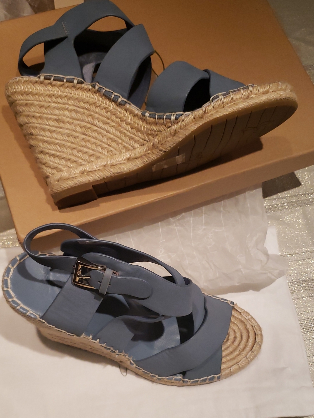 Joie New Wedge Espadrille Strappy Leather Sandal Blue Women's 40/10 - Picture 10 of 16